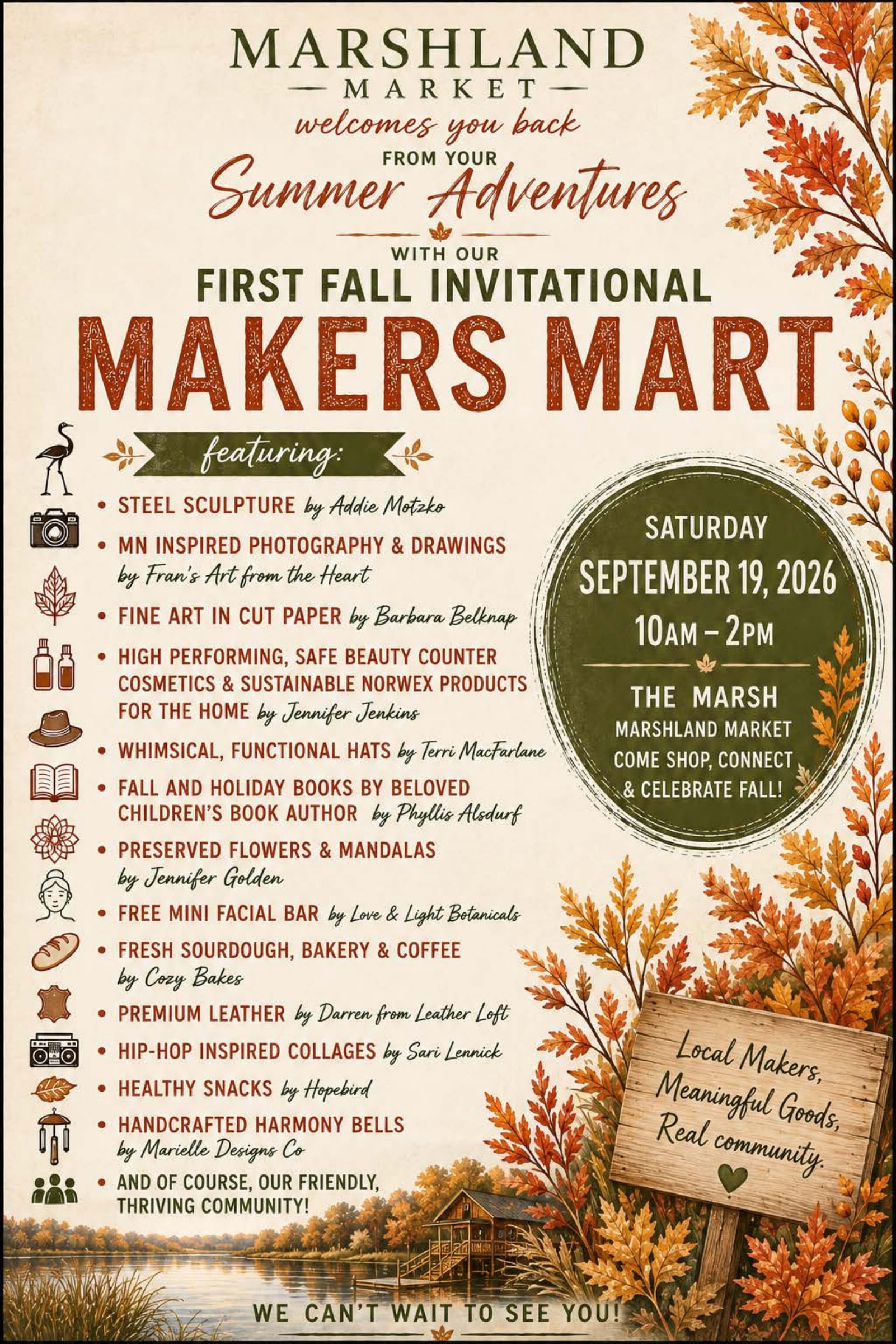 First Fall Invitational Makers Mart flyer — Saturday, September 19, 2026, 10 AM to 2 PM at The Marsh. Featuring steel sculpture by Addie Motzko, Fran's Art from the Heart, Barbara Belknap, Jennifer Jenkins, Terri MacFarlane, Phyllis Alsdurf, Jennifer Golden, Love & Light Botanicals, Cozy Bakes, Leather Loft, Sari Lennick, Hopebird, Marielle Designs Co, and more.