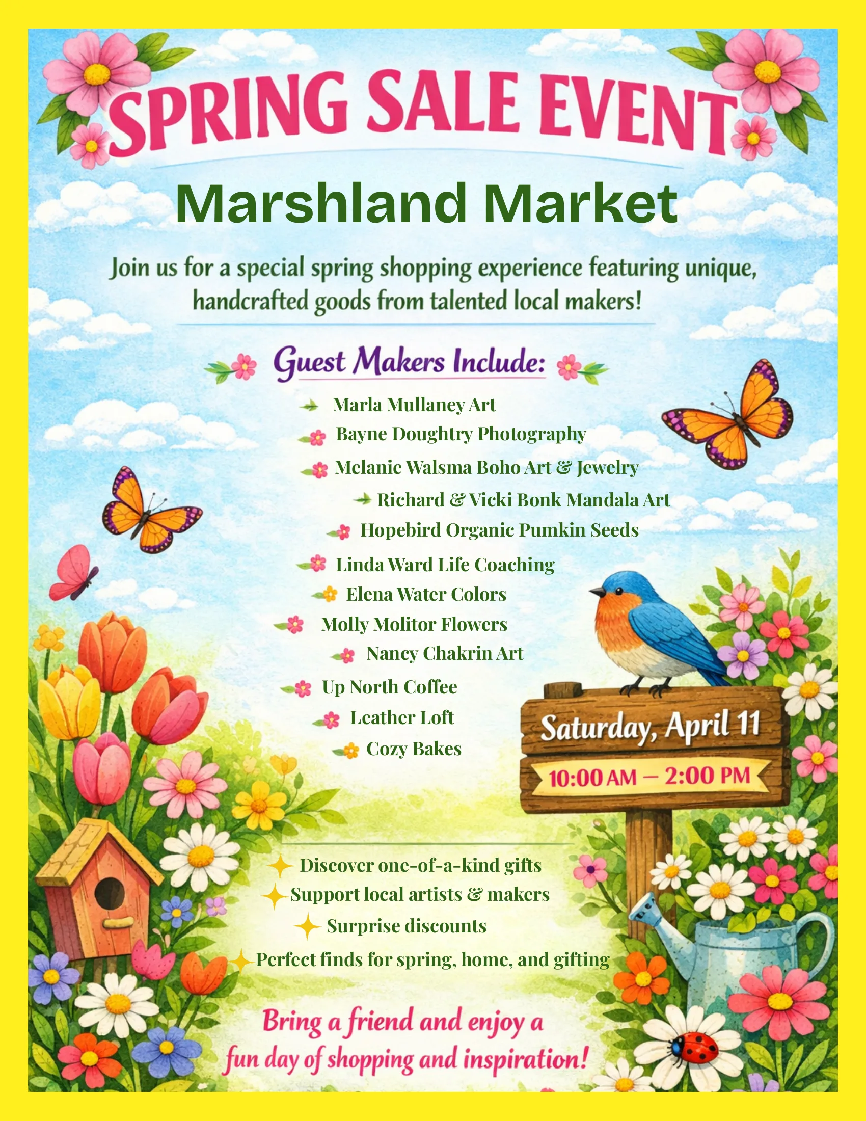 Spring Sale Event Flyer — Saturday, April 11, 10:00 AM to 2:00 PM at Marshland Market. Featuring 12 guest makers including Marla Mullaney Art, Bayne Doughtry Photography, Melanie Walsma Boho Art and Jewelry, and more.
